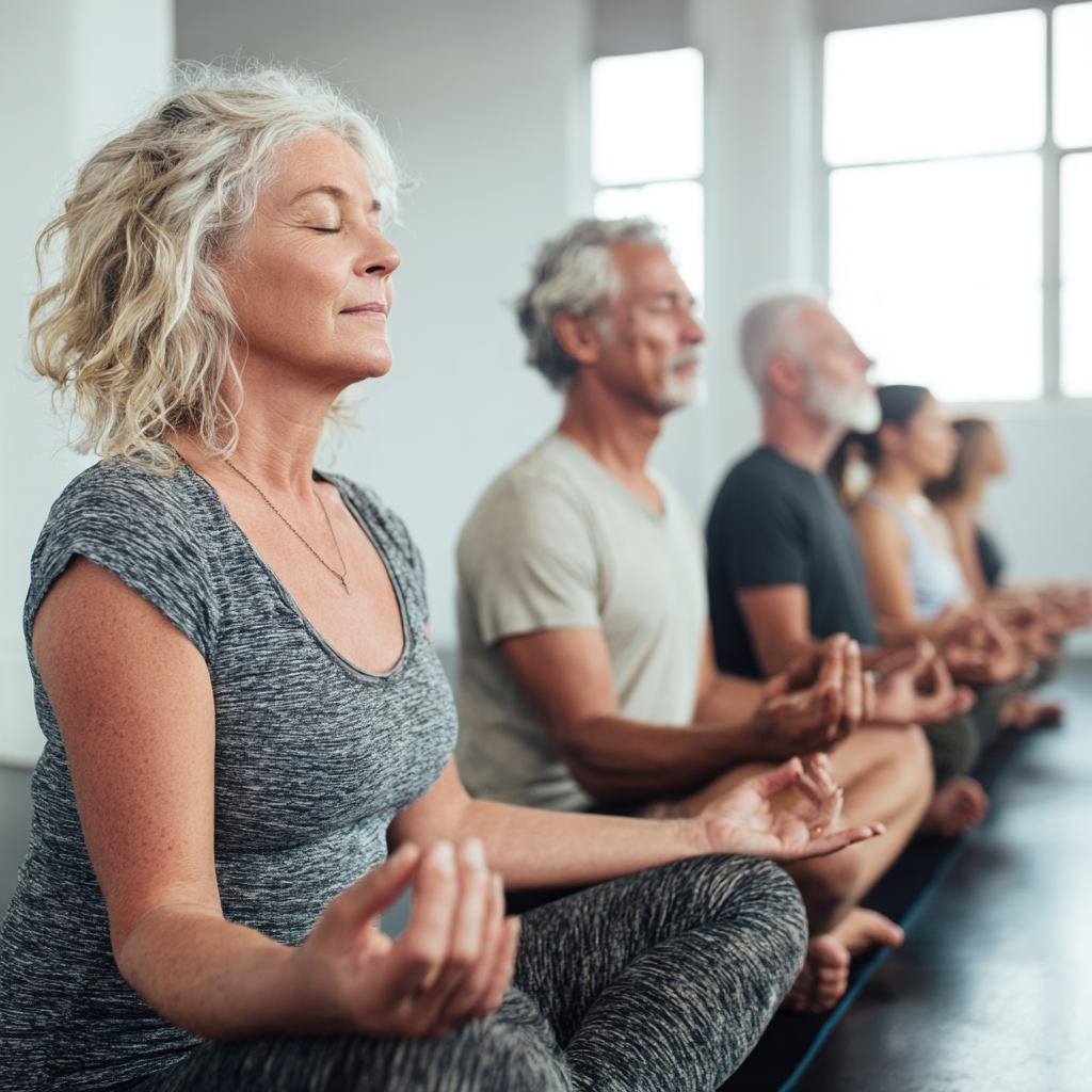 Mature adults enjoying peaceful yoga session together in bright studio