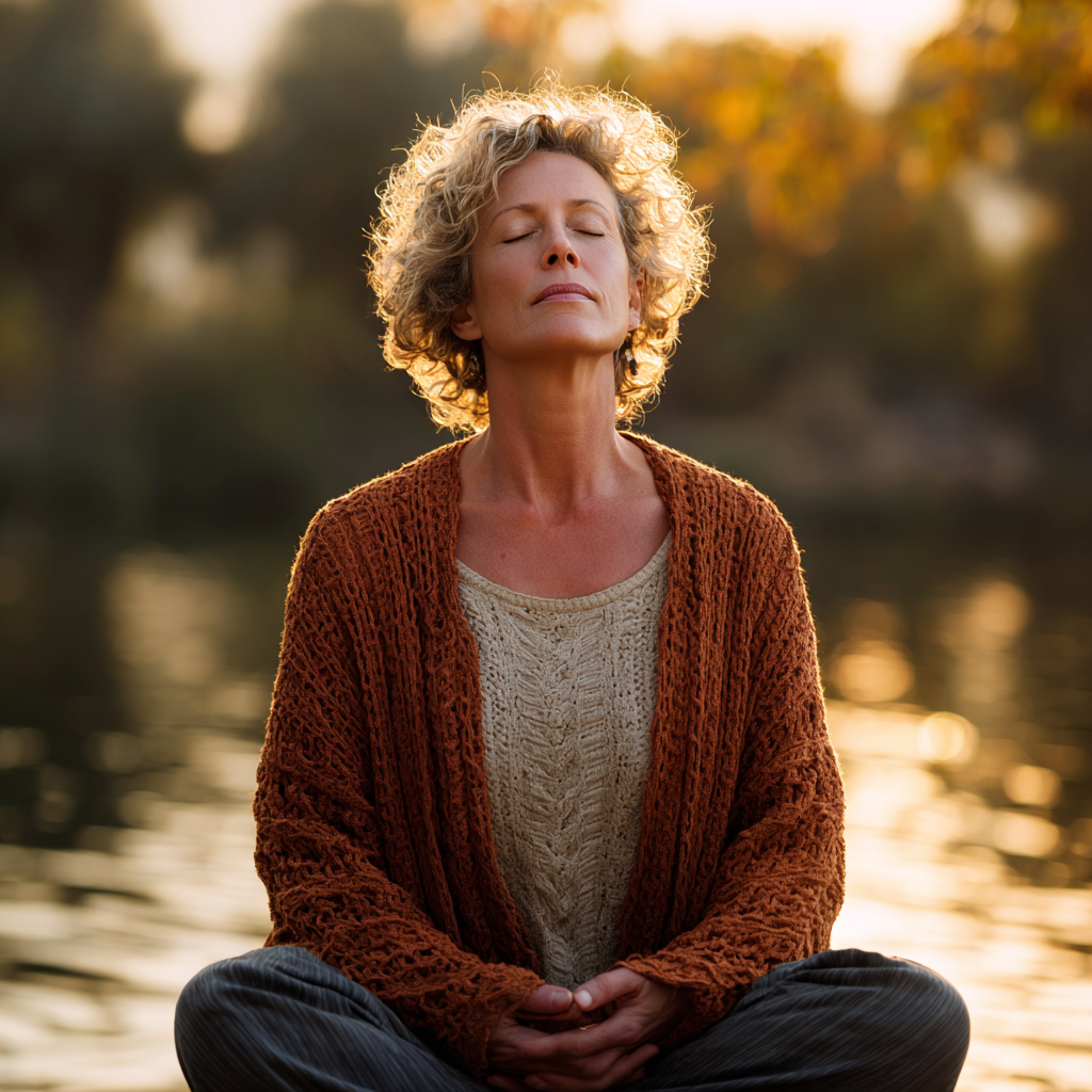 Peaceful middle-aged woman practicing meditation in serene environment